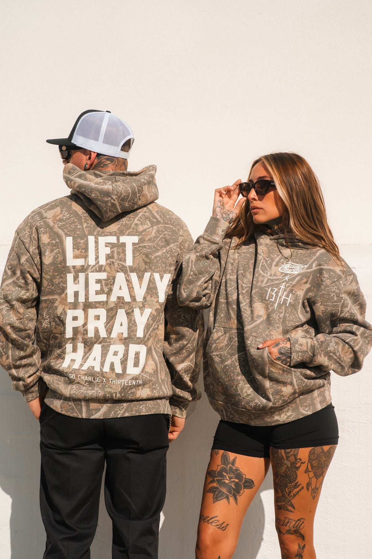 Lift Heavy. Pray Hard. - Premium Deadwood Camo Hoodie