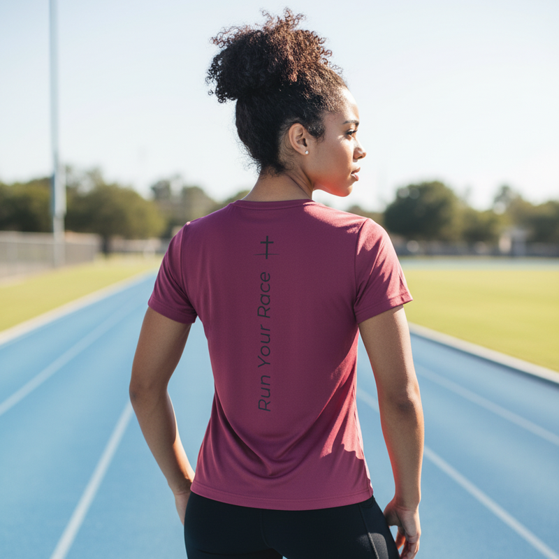 Woman showing the back of the Run Your Race maroon performance tee with vertical cross design