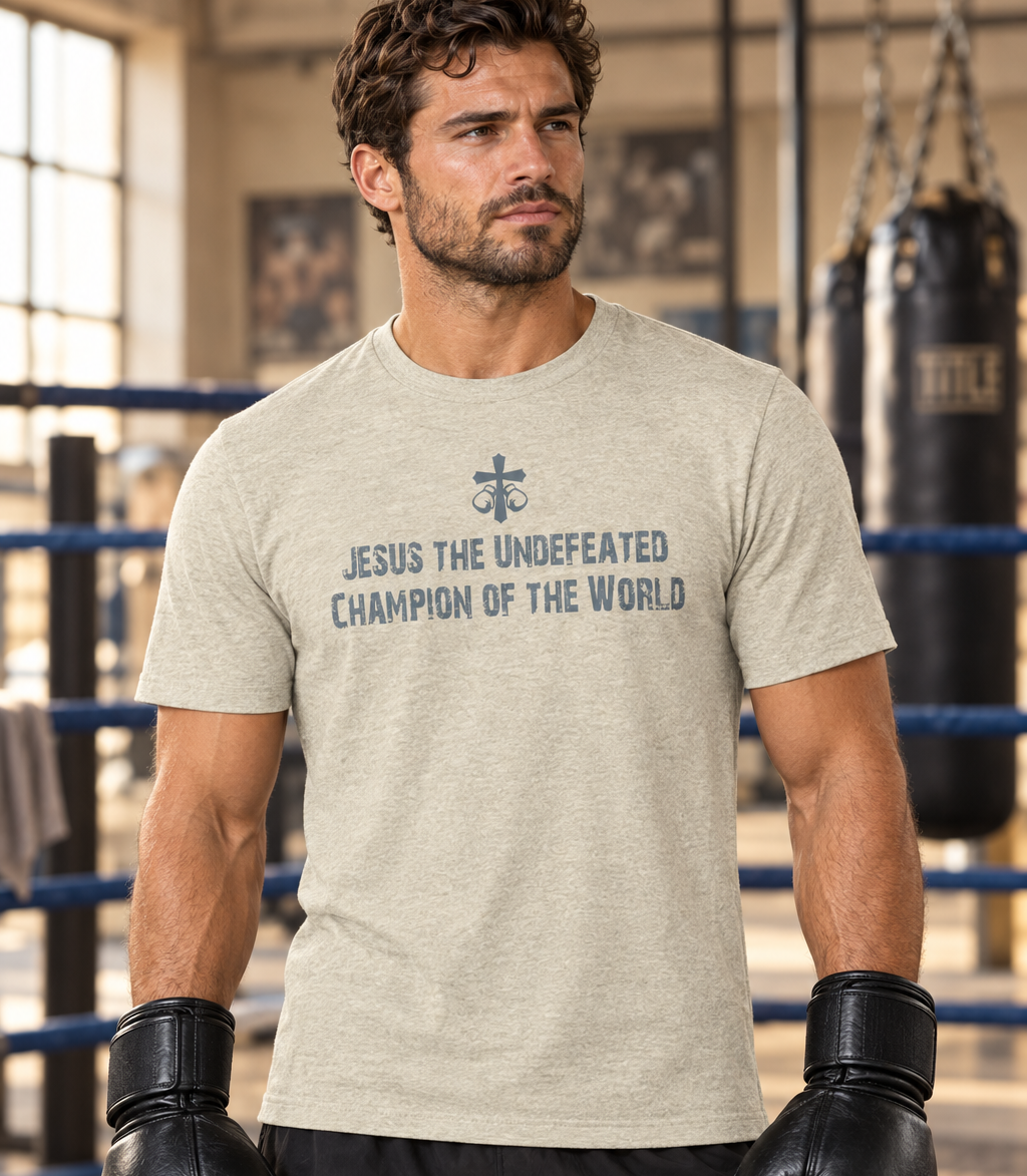 Man wearing the Jesus the Undefeated shirt with boxing gloves in a boxing gym