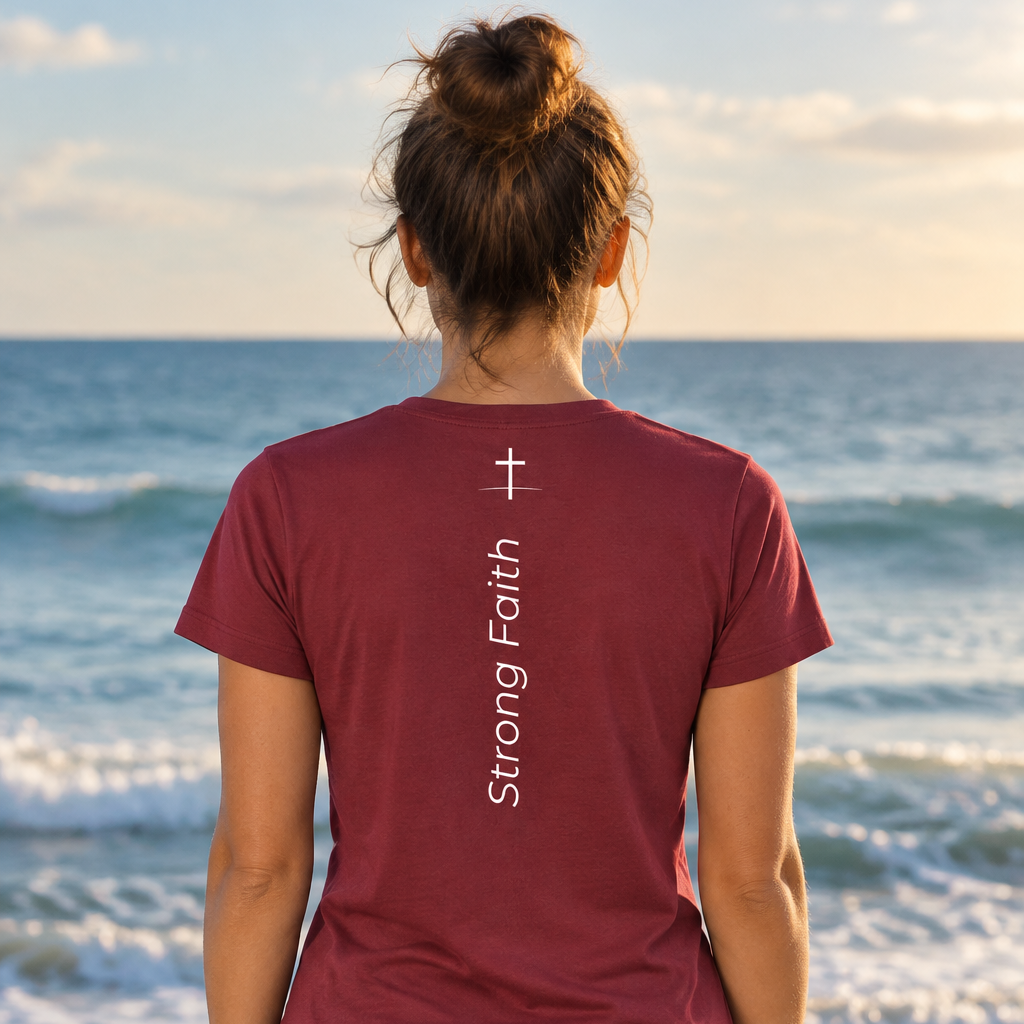 Woman wearing the maroon Strong Faith shirt facing the ocean