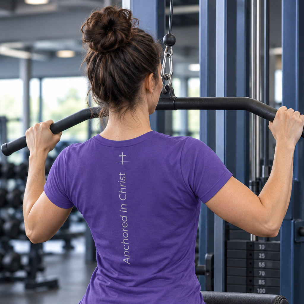 Woman wearing the purple Anchored in Christ shirt doing a lat pulldown